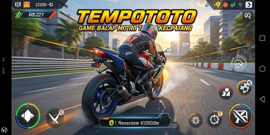 Gameplay balap motor seru dalam TEMPOTOTO dengan beragam lintasan.