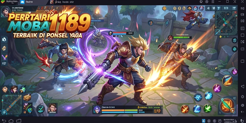 Tampilan gameplay MOBA dengan karakter bertarung di arena.